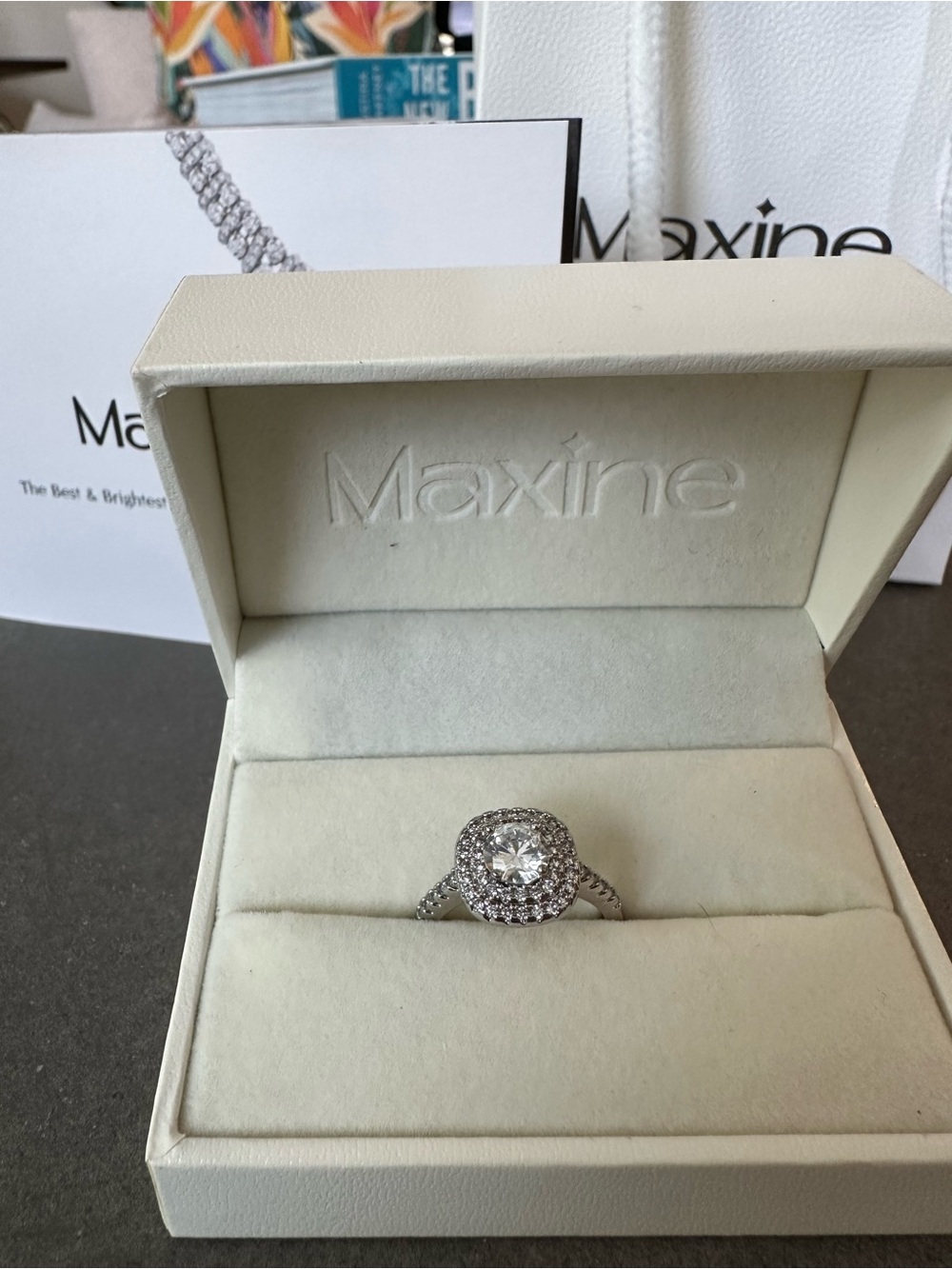 Maxine Sterling Silver Double Halo Engagement Ring with Round Center Stone